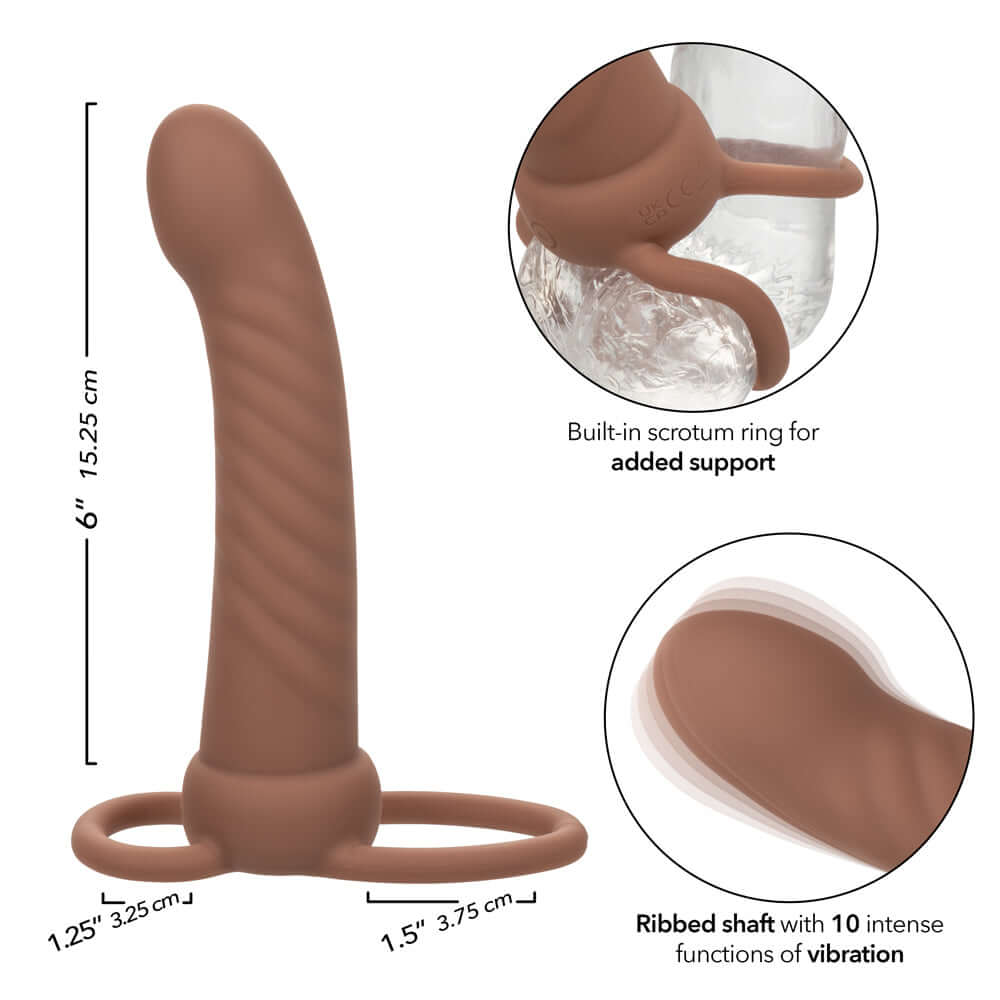 Performance Maxx Rechargeable Ribbed Dual Penetrator Brown with 10 vibration functions and built-in scrotum ring for added support