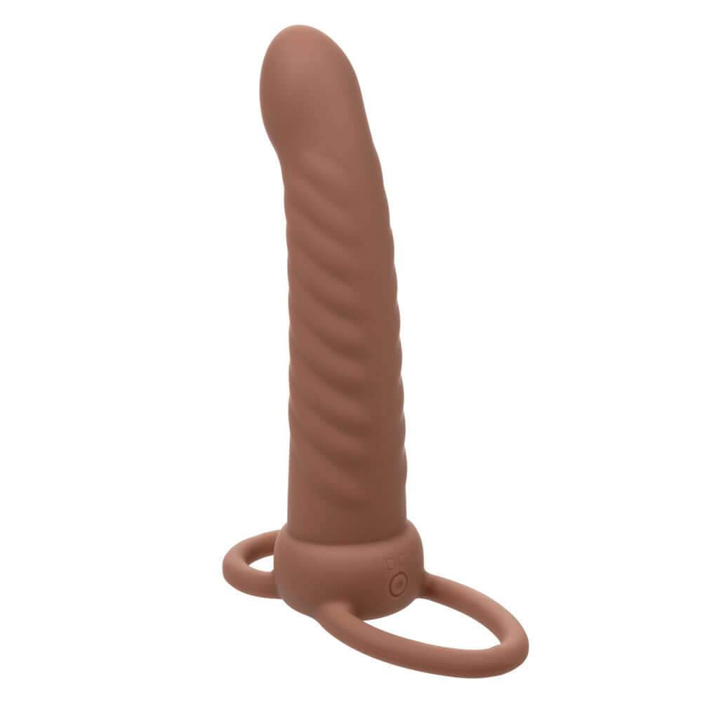 Performance Maxx Rechargeable Ribbed Dual Penetrator in Brown with ergonomic design and dual rings for enhanced pleasure.