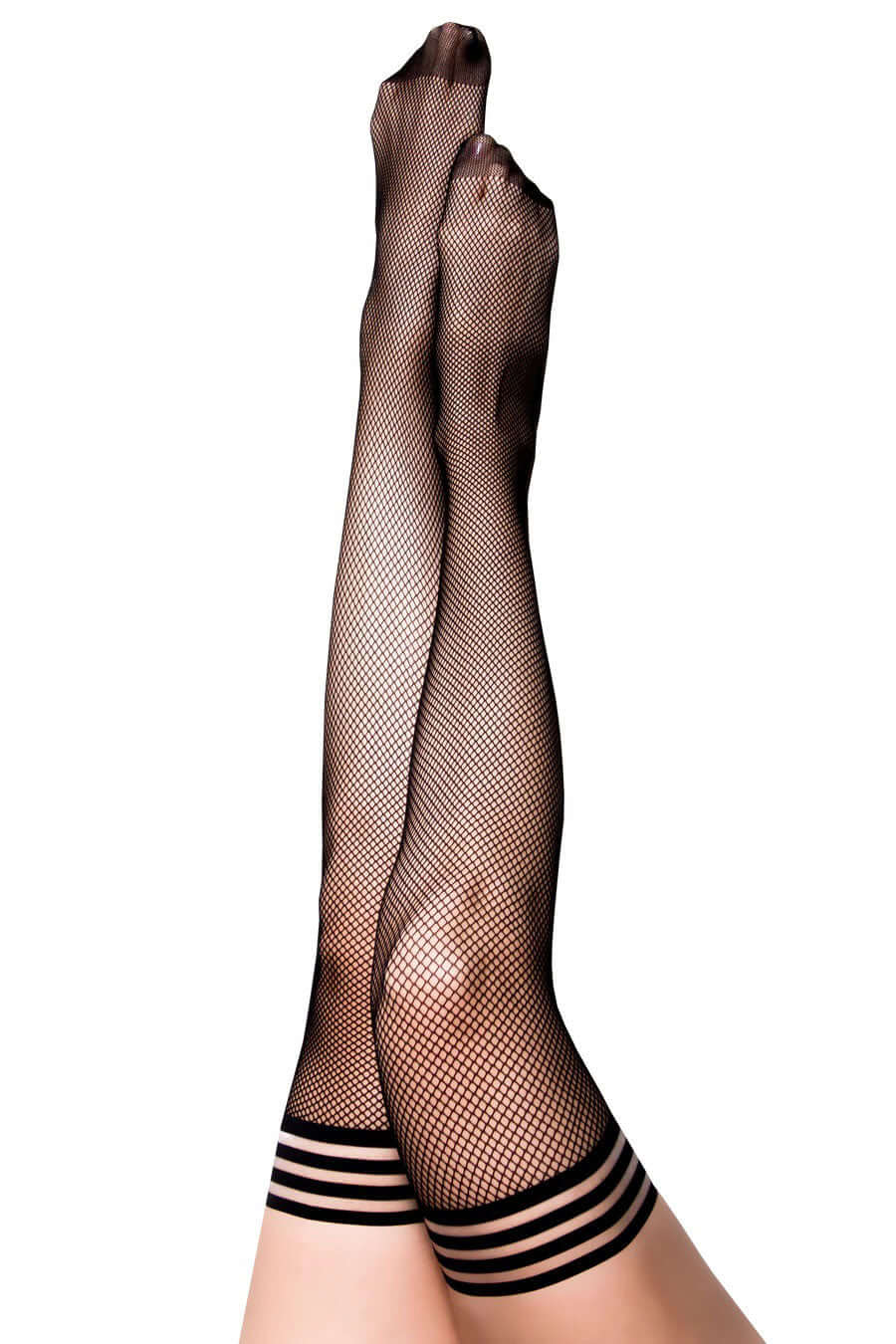 Black fishnet thigh high stockings in size C, featuring Kixies' signature design with striped top bands.