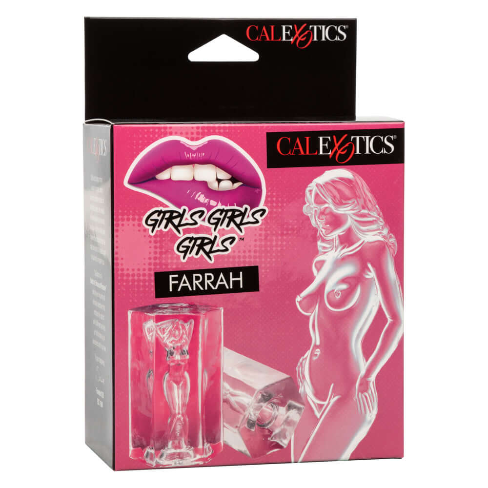 Girls Girls Girls Farrah Masturbator packaging with clear design showing pleasure toy alongside sensual imagery and branding.