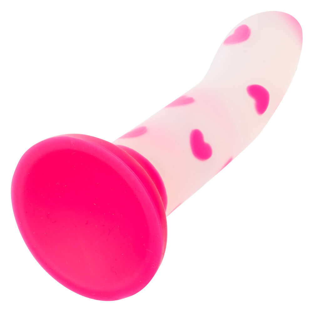 Pink Glow Stick Heart Dildo with glow-in-the-dark heart pattern, made from ultra-soft Satin Finish Silicone for a playful and pleasurable experience.