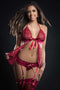 3pc Cut Out Flyaway Babydoll Adorned Pearl Chains and Garter Panty - One Size - Red Berry