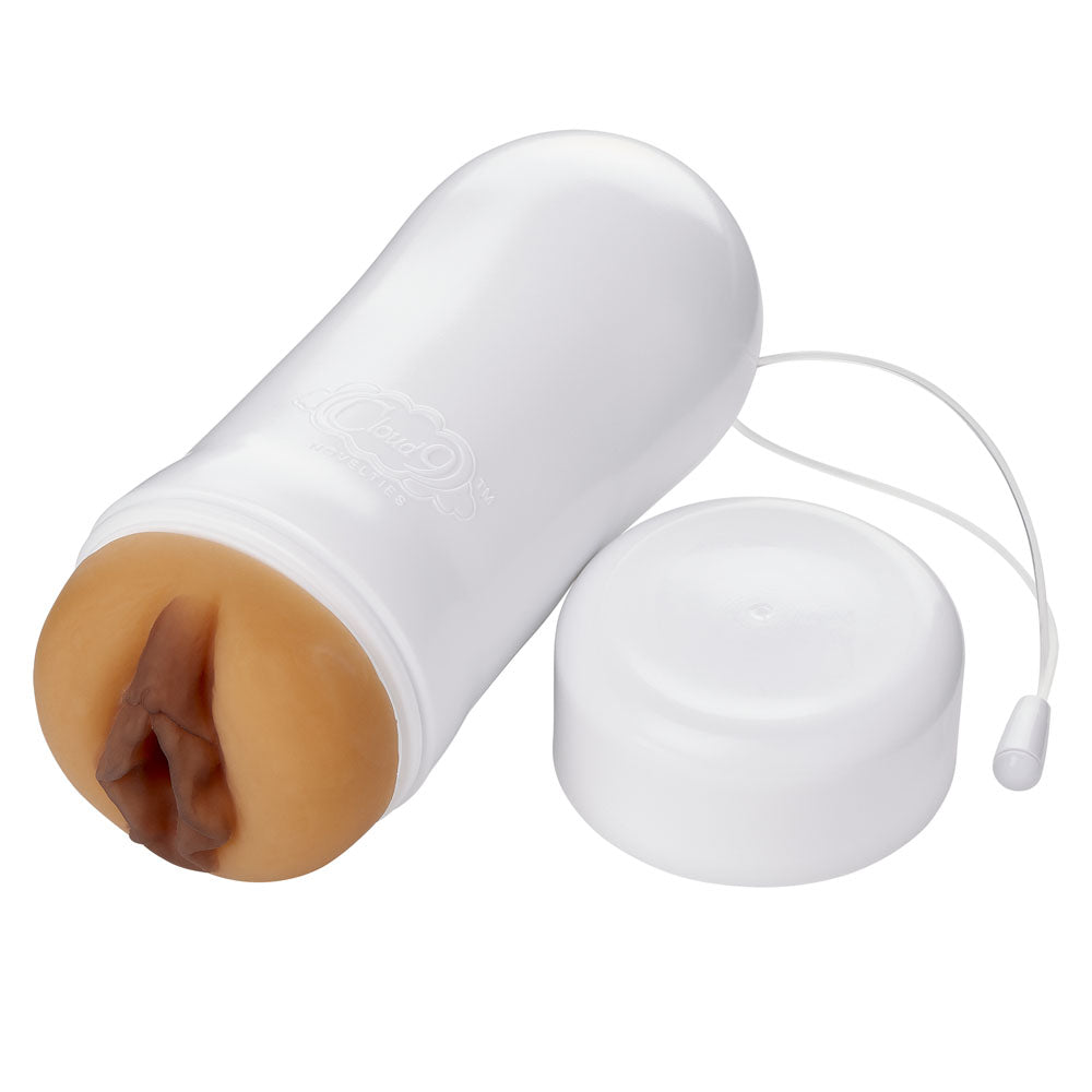 Cloud 9 Pleasure Pocket Stroker water-activated masturbator in tan, compact design with ribbed interior for enhanced pleasure.