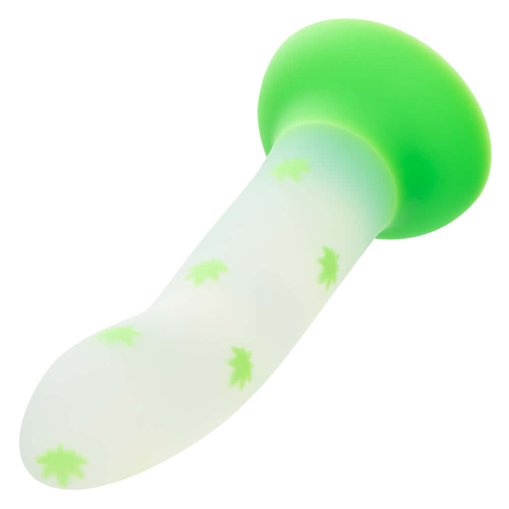 Glow Stick Leaf Dildo - Green, glow-in-the-dark leaf pattern, ultra-soft Satin Finish Silicone, playful pleasure toy.