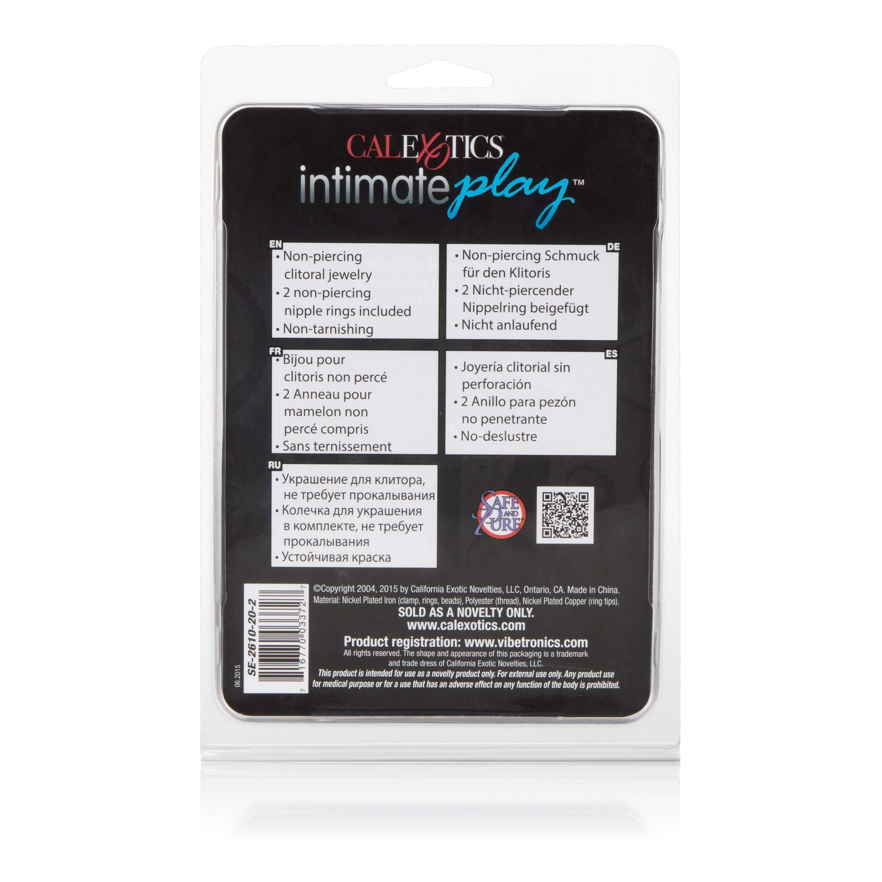 Back packaging of CalExotics Intimate Play non-piercing clitoral jewelry set in silver, featuring multilingual product information.
