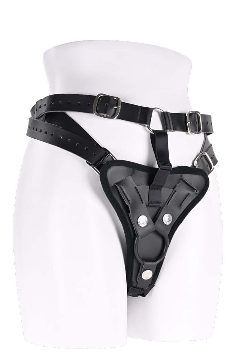 Aurora High Waisted Strap On in black with adjustable buckles on mannequin