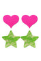 Fashion Pasties Set - Neon Pink Satin Heart and  Neon Green Lace Star