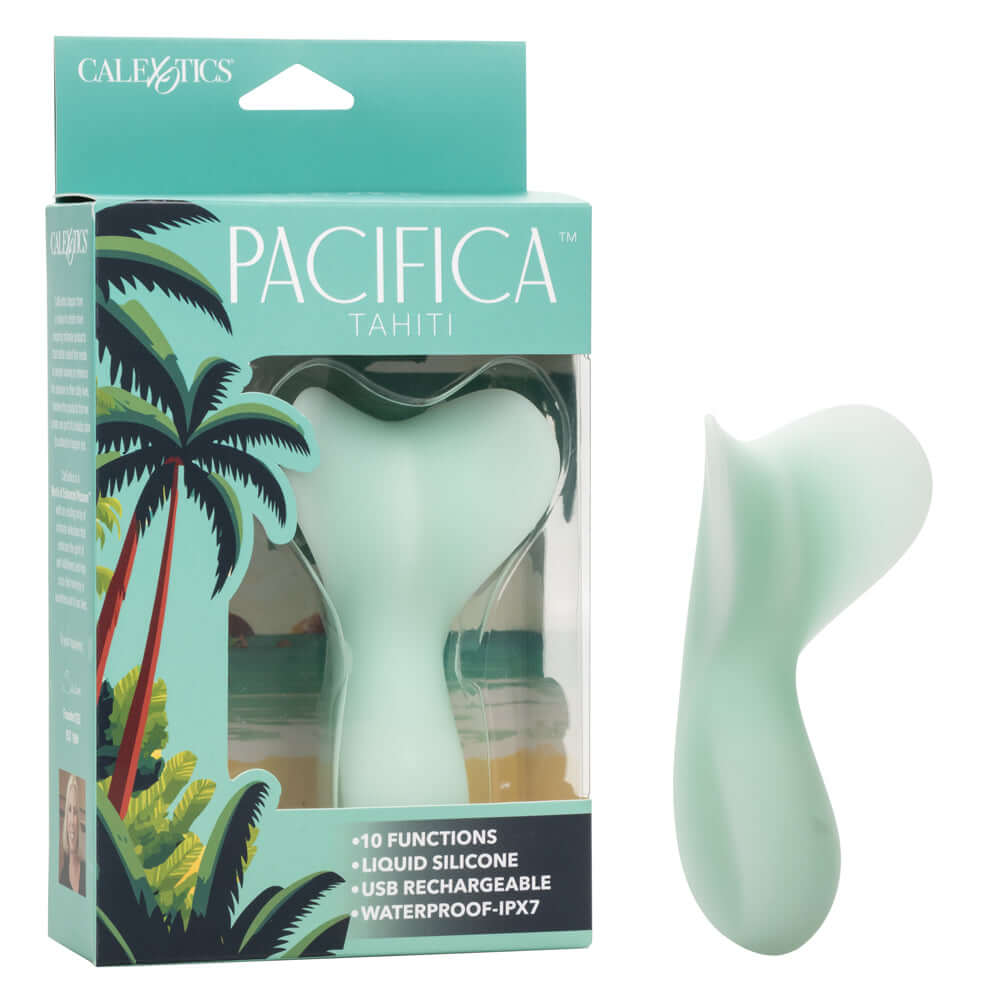 Pacifica Tahiti Massager - Green, shown in packaging and out, featuring 10 functions, liquid silicone, waterproof, and USB rechargeable.