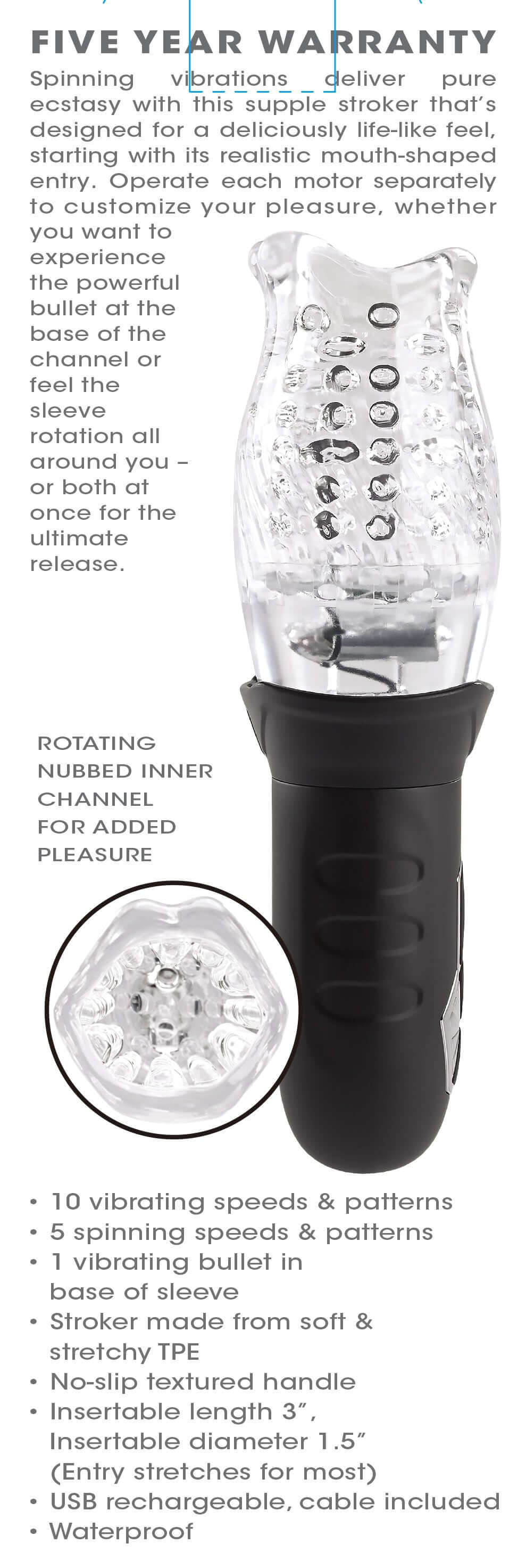 Cyclone Rotating Stroker with life-like mouth entry and multiple vibration speeds for customizable pleasure. Clear/black design.