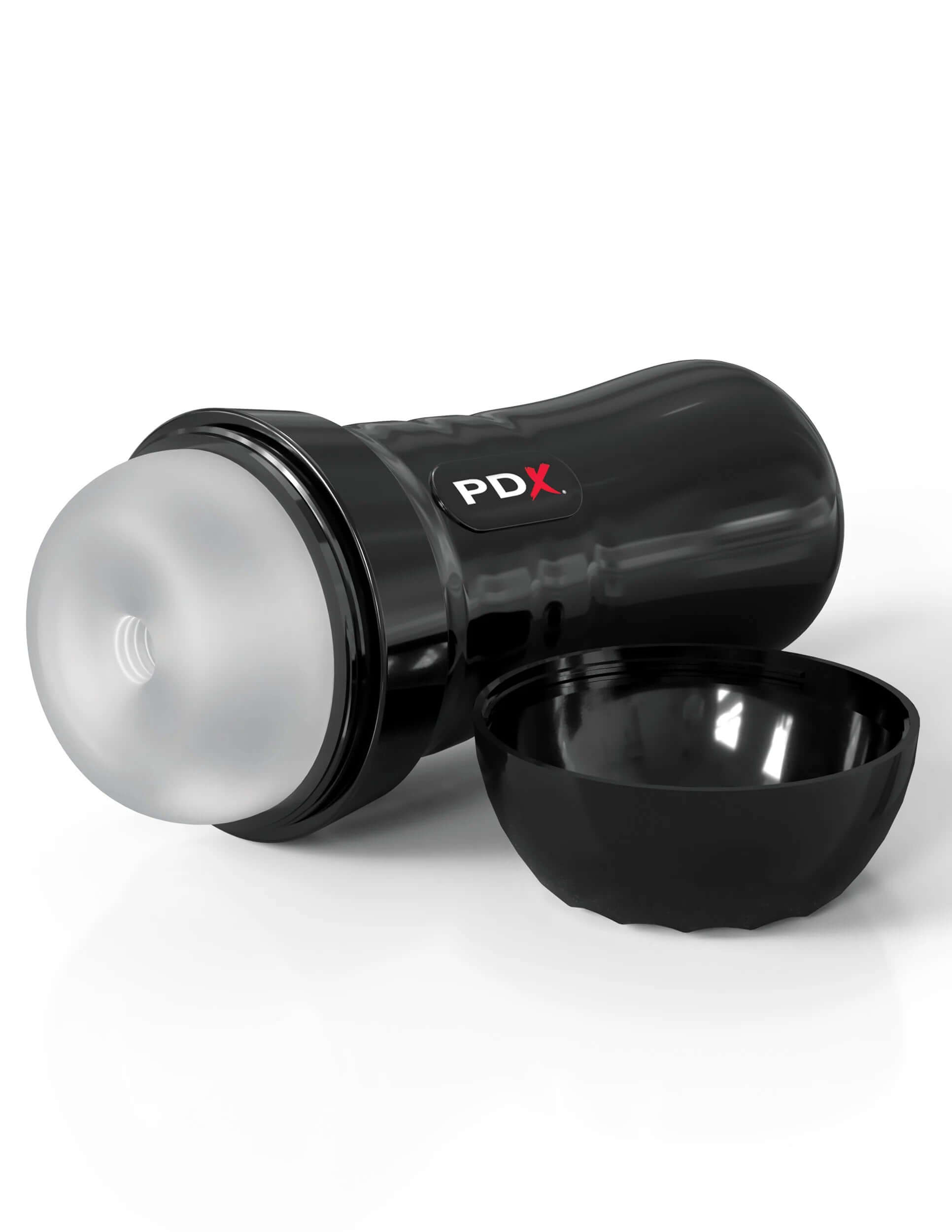Wet Strokers Super Slide and Glide — Frosted self-lubricating male stroker with cap, black and sleek design.