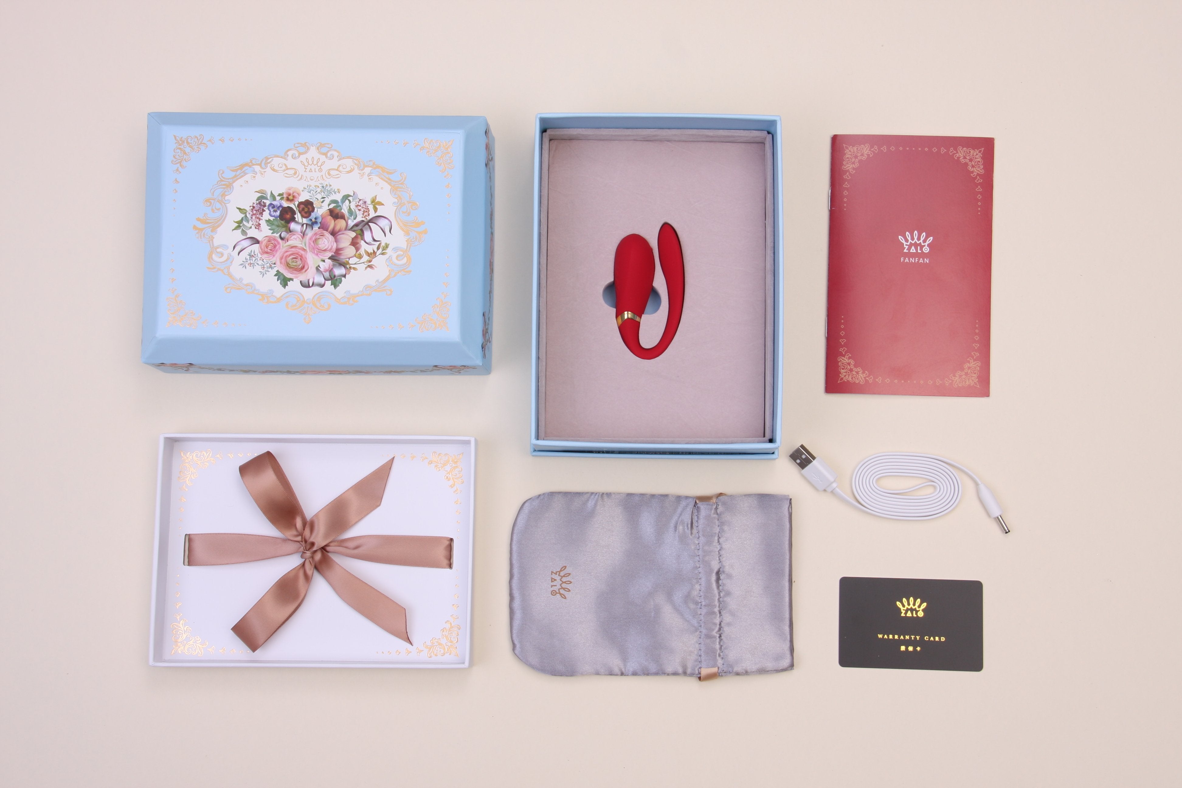 ZALO Fanfan App-controlled Rechargeable Couples Massager Bright Red with luxurious packaging and accessories in blue and red box.