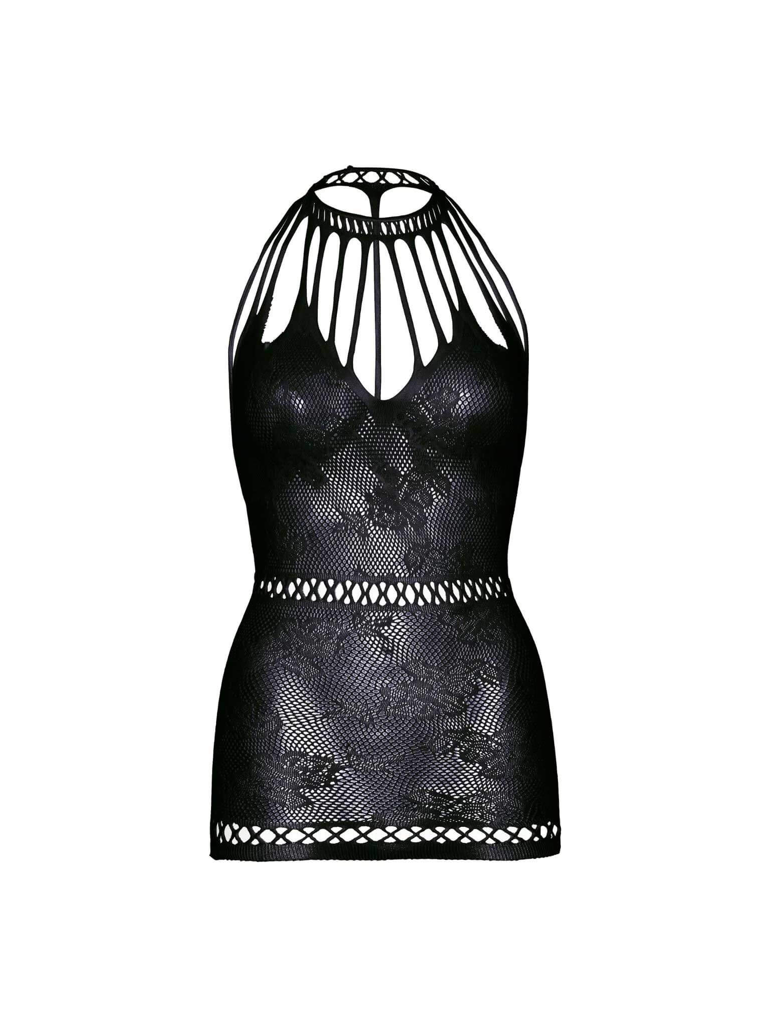 Black lace mini dress with intricate net cut-out details and strappy open back, perfect as sexy lingerie or bikini cover-up.