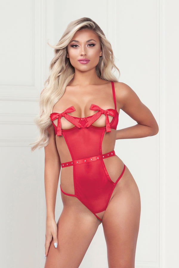 Mesh Teddy With Underwire, Satin Ribbon Bows, Rhinestone Belt, Hook and Eye Back Closure, and Open Thong - One Size - Red