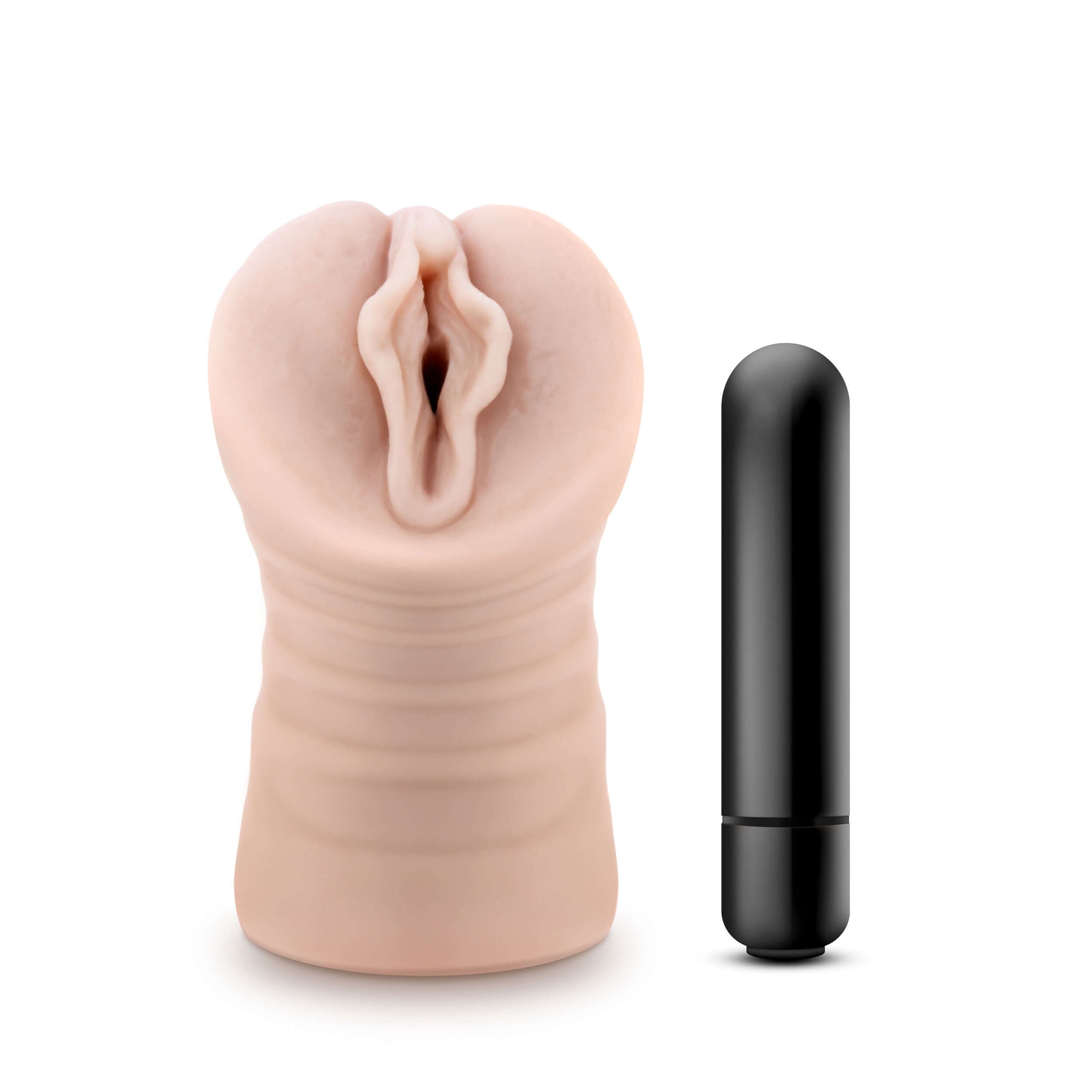 Enlust Destini Vibrating Stroker in beige with black vibrator, showcasing super-soft X5 Plus material and textured interior.