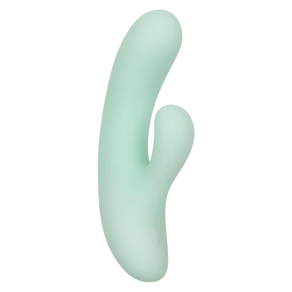 Pacifica Fiji green dual stimulator with flexible shaft and curved design for G-spot targeting and intense rumbling vibrations.
