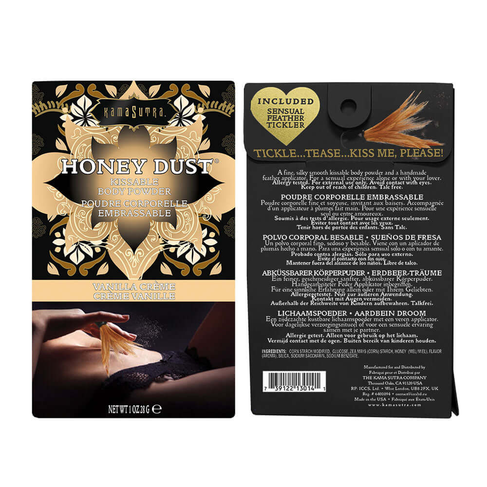Kama Sutra Honey Dust Vanilla Creme 1 Oz packaging featuring kissable body powder and sensual feather tickler.
