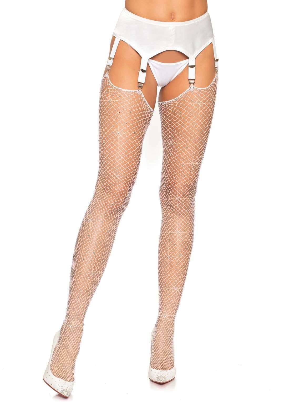 Leg Avenue Rhinestone Fishnet Stockings - One Size - White