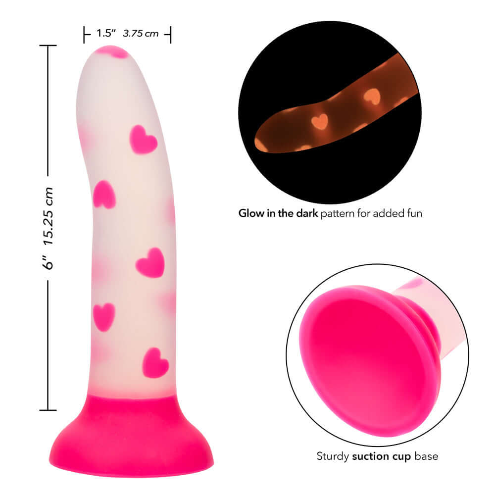 Glow Stick Heart Dildo - Pink with Glow-in-the-Dark Heart Pattern and Sturdy Suction Base