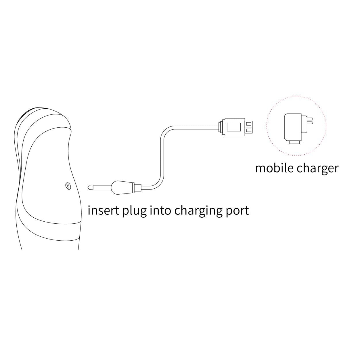Diagram showing how to insert plug into charging port for ZALO King Vibrating Thruster using a mobile charger.