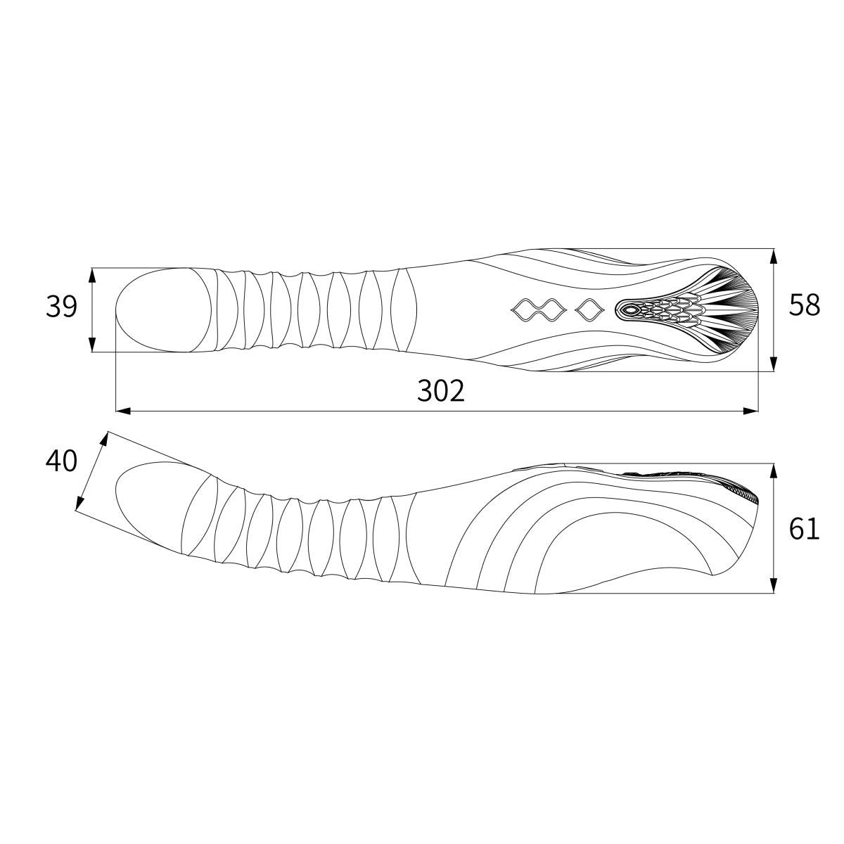 Detailed dimensions drawing of ZALO King Vibrating Thruster Velvet Purple showing its design and measurements.