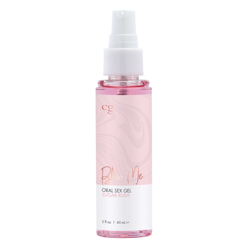 Blow Me Oral Sex Gel Sugar Rush 2 Oz bottle featuring a sweet cotton candy-inspired flavor for enhanced pleasure.