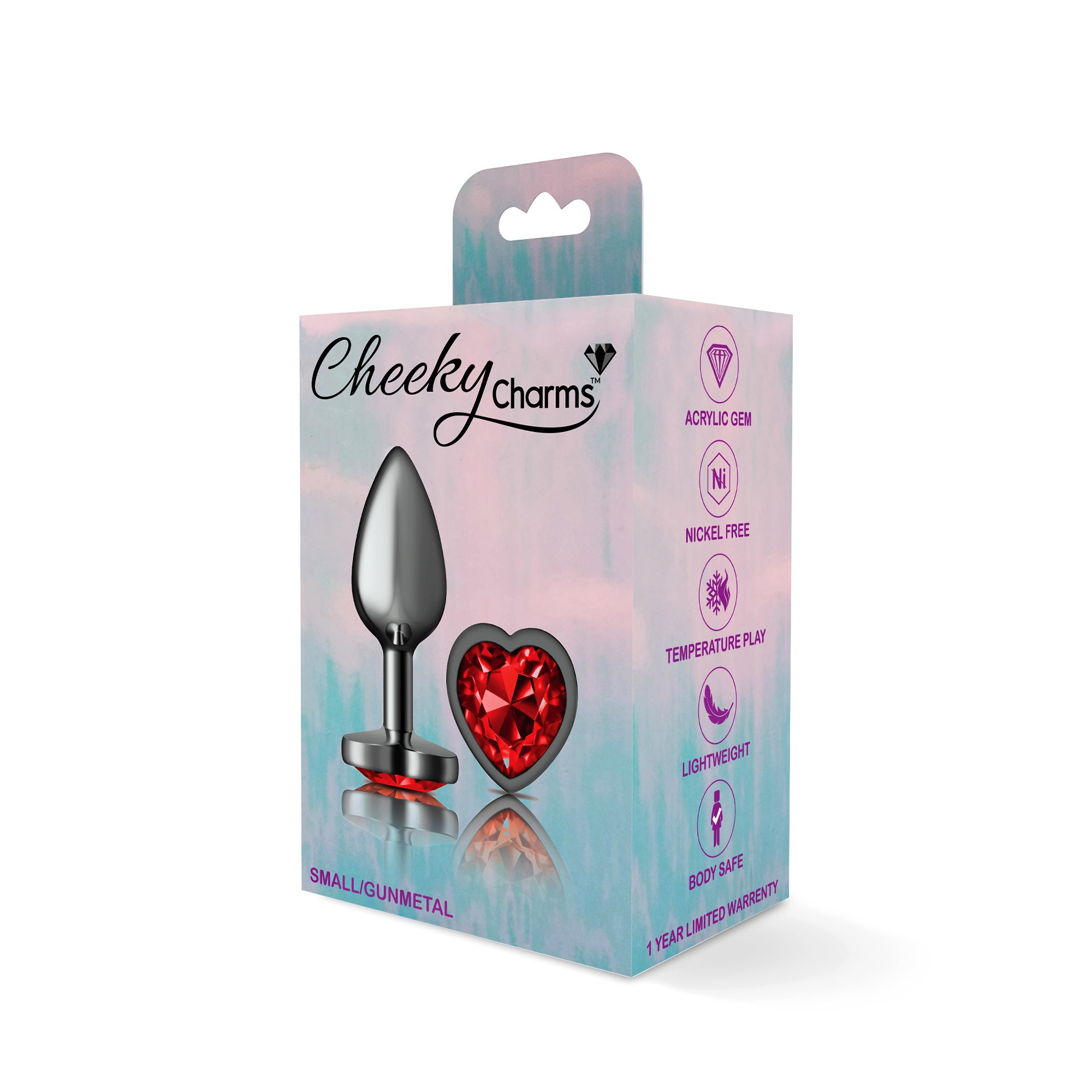 Cheeky Charms-Gunmetal Metal Butt Plug- Heart-Dark Red-Small-4