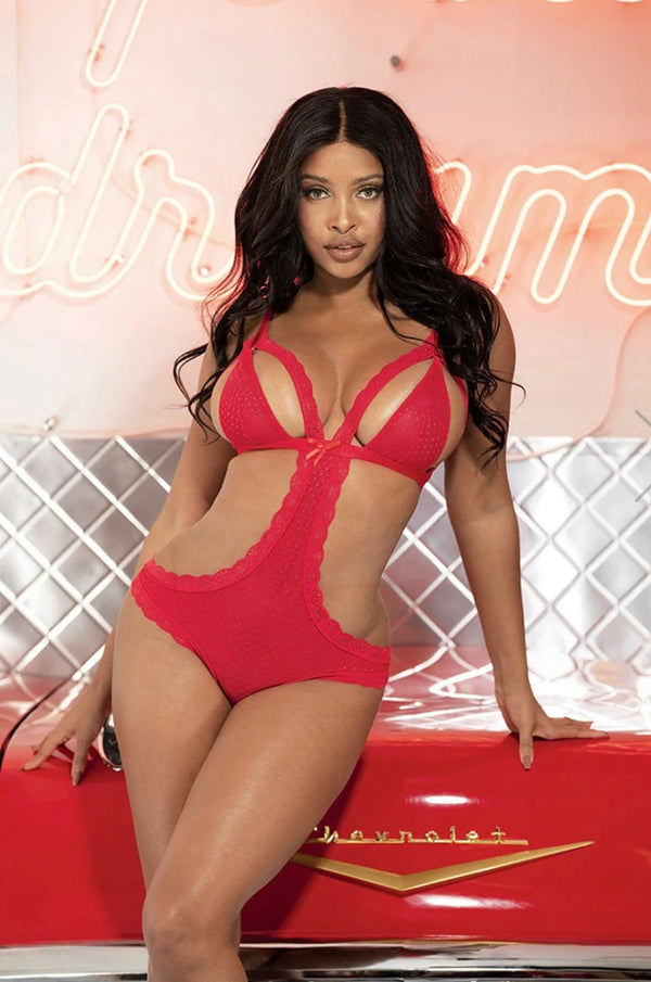 Fun and Flirty Stretch Mesh and Lace Peek-a-Boo  Teddy - One Size - Red