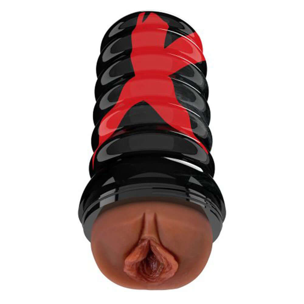 Air-Tight Pussy Stroker in black and red with detailed ribbed texture for enhanced pleasure and grip. Ideal for optimal suction experience.