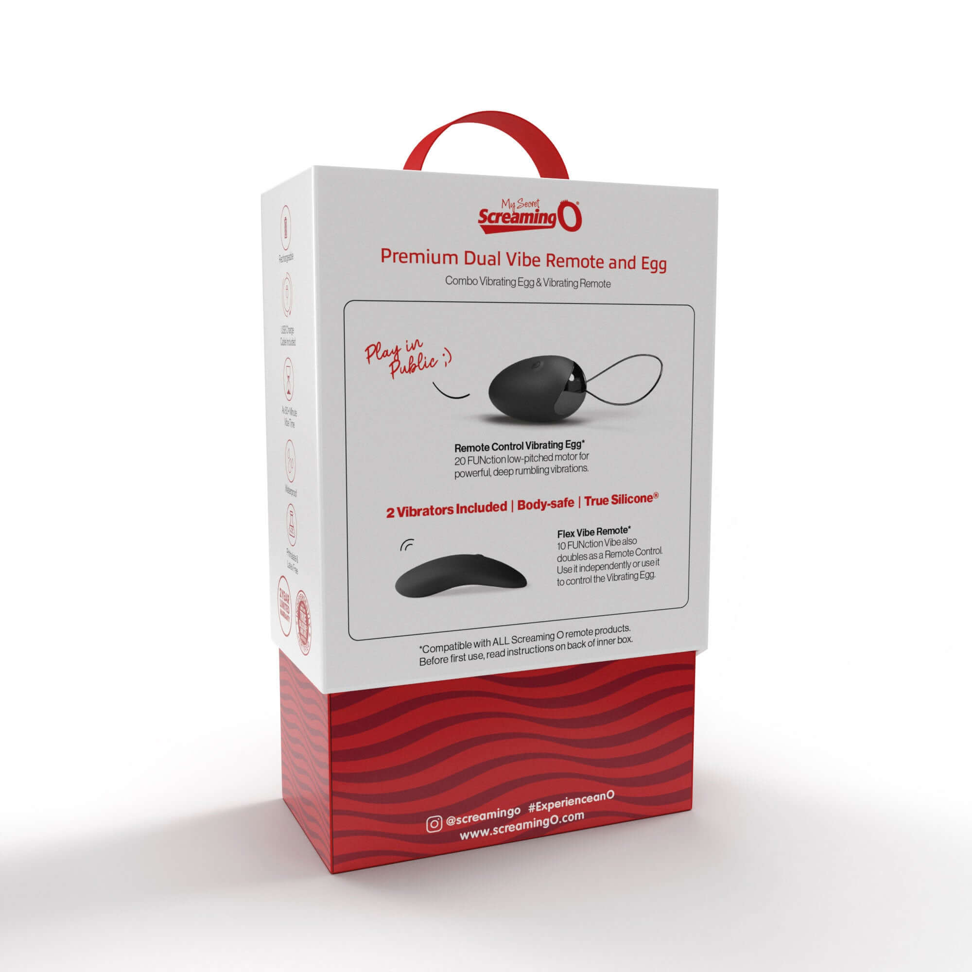 Packaging of Screaming O Premium Dual Vibe Remote and Egg, highlighting features like body-safe silicone, waterproof, and USB rechargeable.