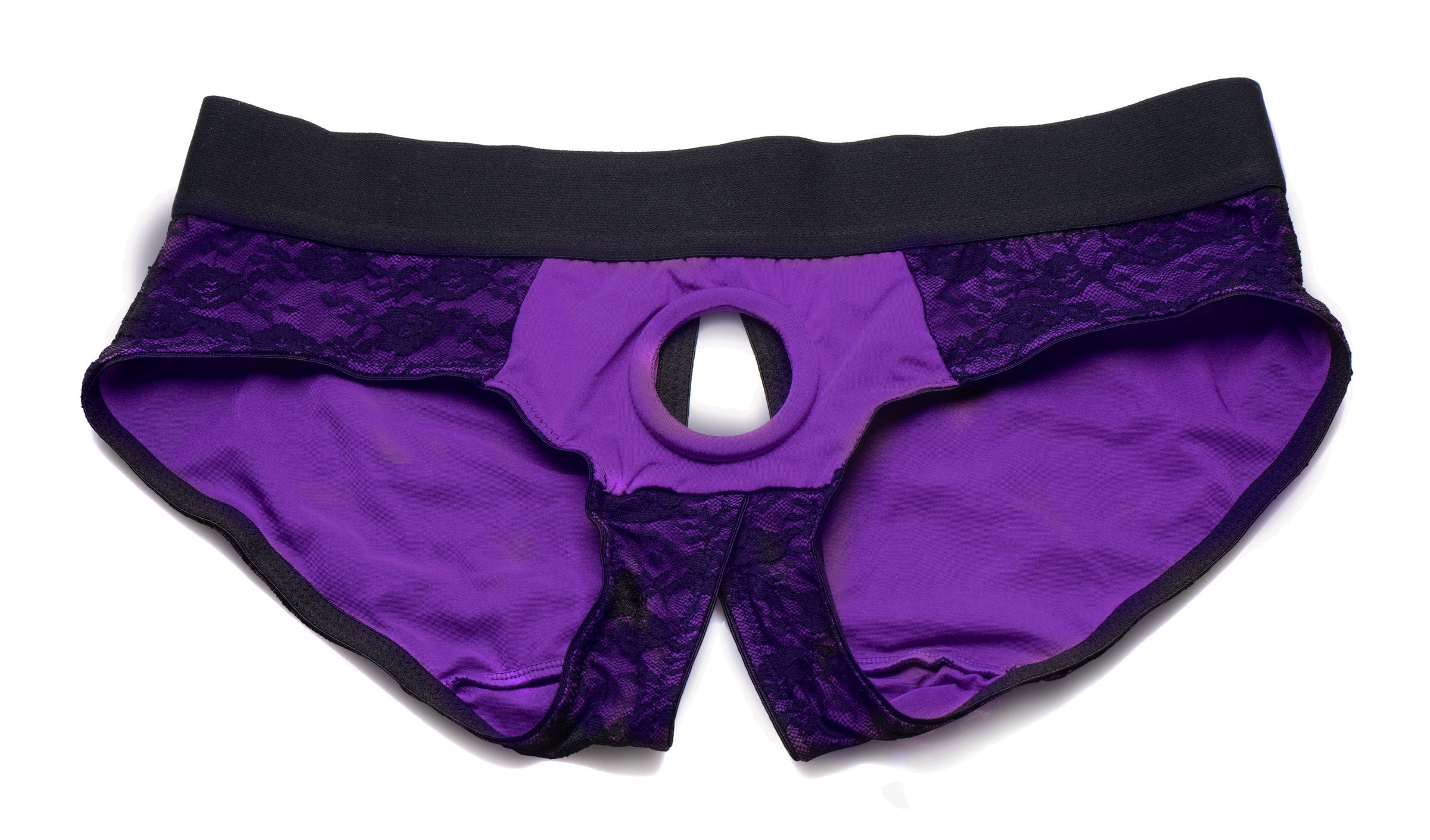 Lace Envy Crotchless Panty Harness - S/ M Black and Purple