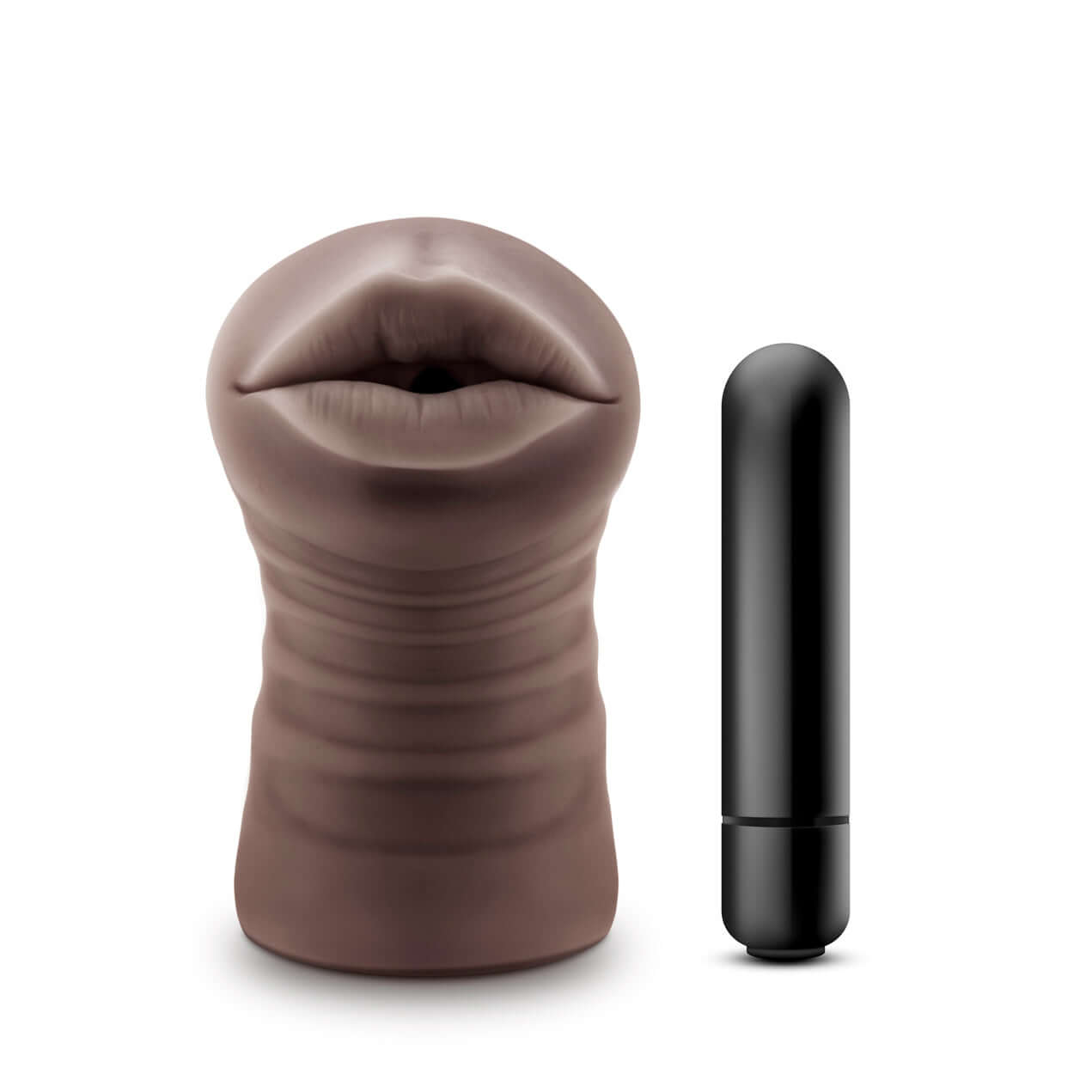 Enlust Krystal vibrating stroker in brown with sleek black bullet vibrator for enhanced pleasure.