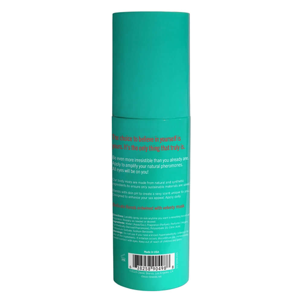 "Yours Truly Pheromone Fragrance Mist 3.35 Oz, green bottle, enhances natural pheromones, floral musk scent, sustainable ingredients"