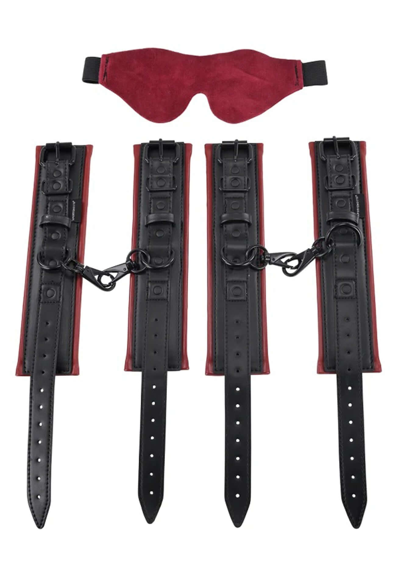 Saffron Under the Bed Restraint System in black and red with adjustable cuffs and blindfold for seductive play.