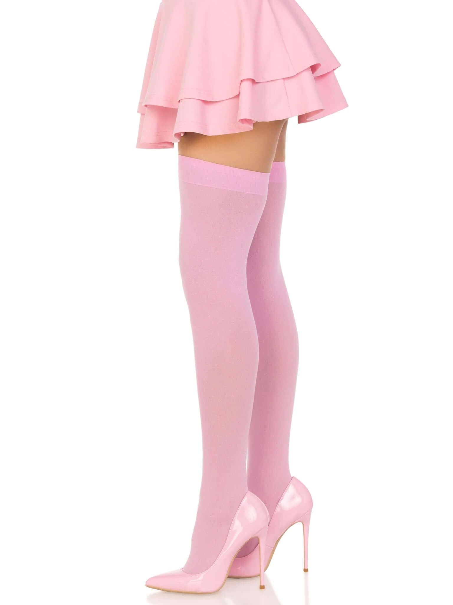 Pink opaque nylon thigh high stockings, one size, paired with pink high heels and skirt.