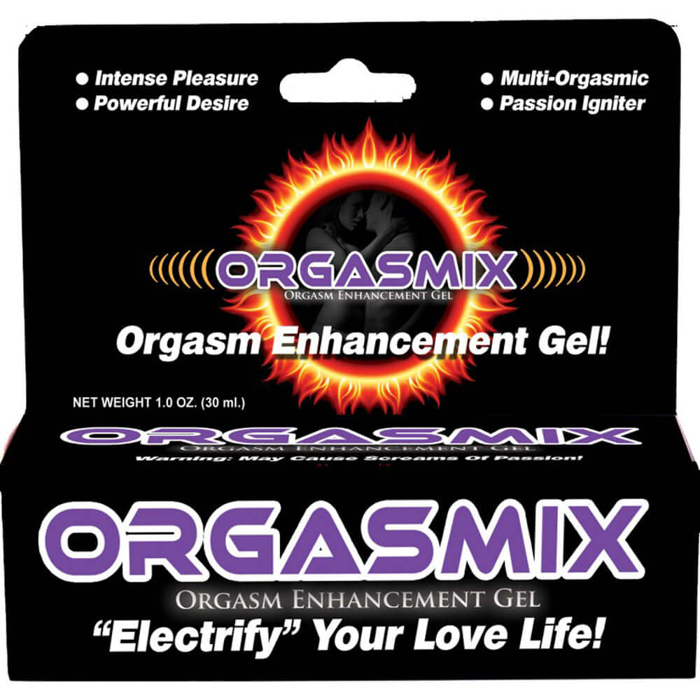 Orgasmic Enhancement Water Based Gel 1 Oz package design highlighting intense pleasure and passion igniter features.