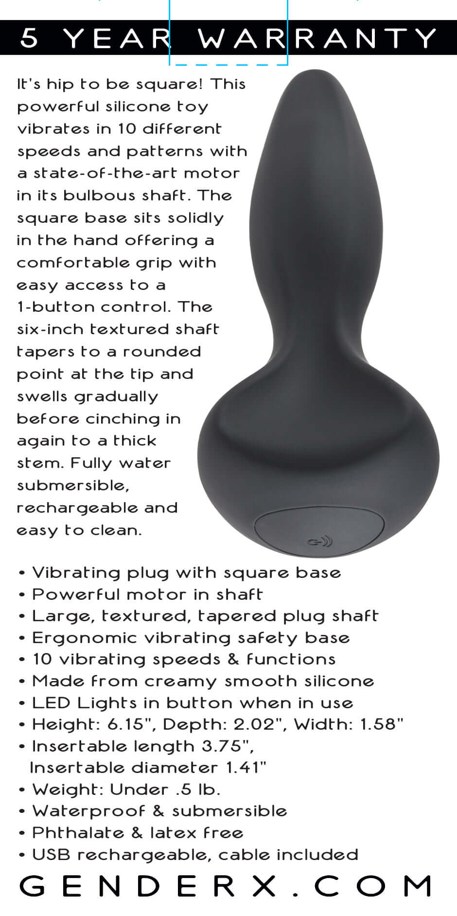 Gender X Hip to Be Square Vibrator Black features a textured shaft, square base, and 10 vibration modes for ultimate comfort.