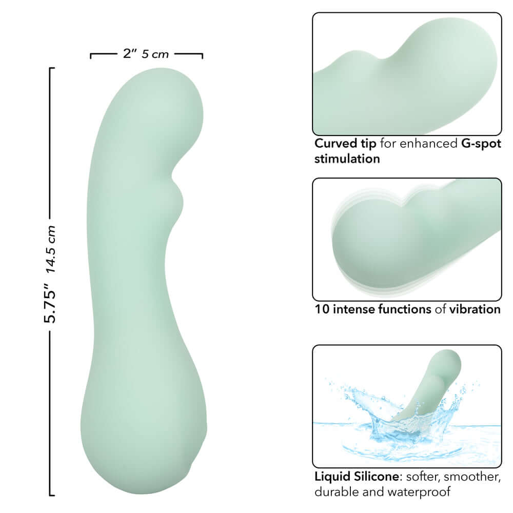Pacifica Bora Bora Green with curved tip, 10 vibration functions, and waterproof liquid silicone material.