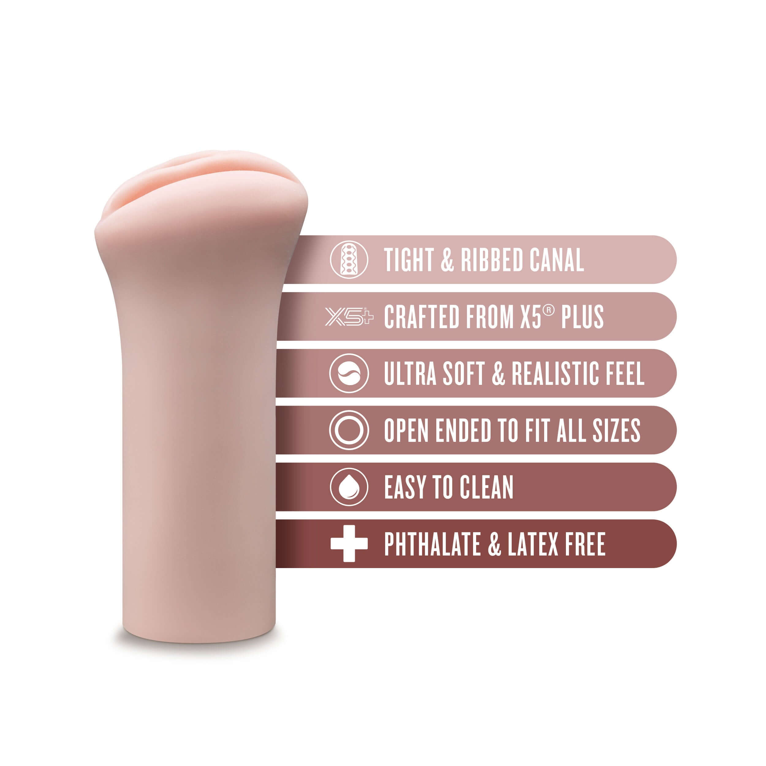 Enlust Ashlynn beige stroker features, showcasing tight ribbed canal and ultra-soft X5 Plus material.