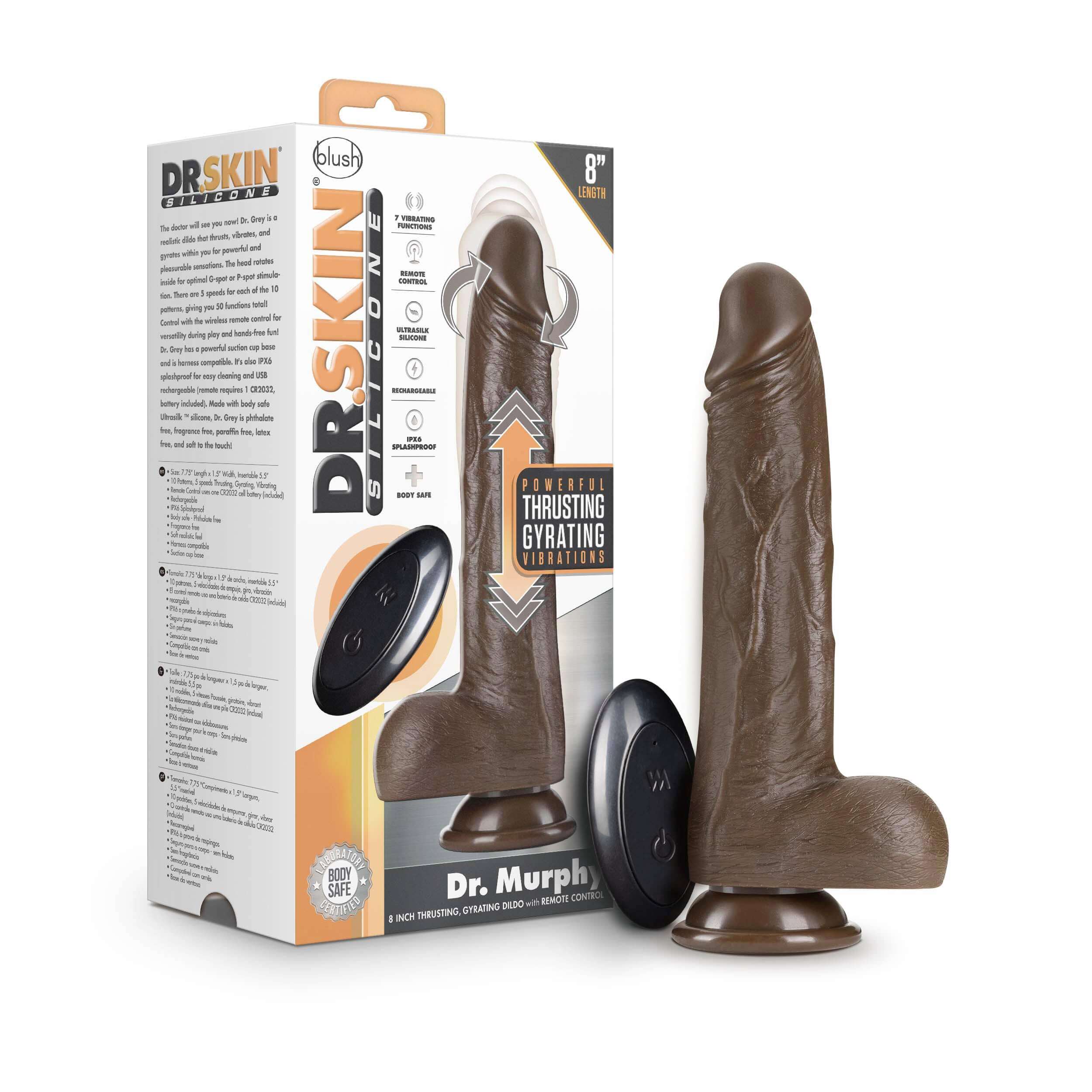 Dr. Skin Dr. Murphy 8 Inch Thrusting Dildo in Chocolate with packaging and wireless remote control