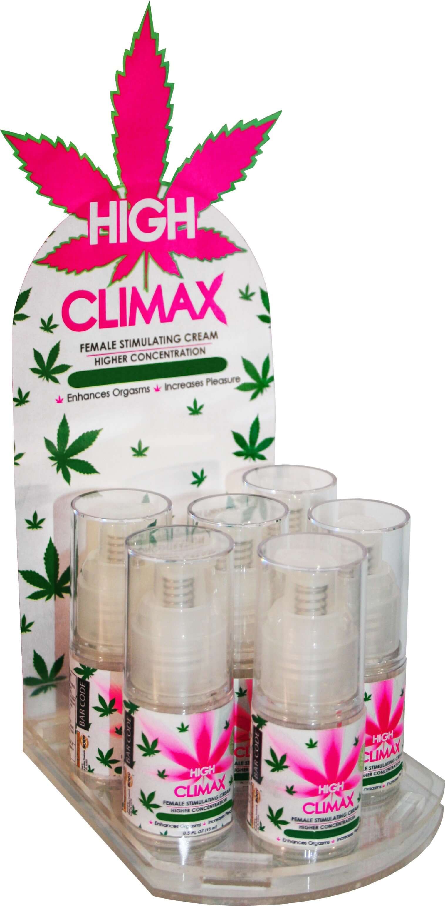 High Climax Female Stimulating Cream 0.5 Oz 6 Pc Display in pump bottles for enhanced pleasure.