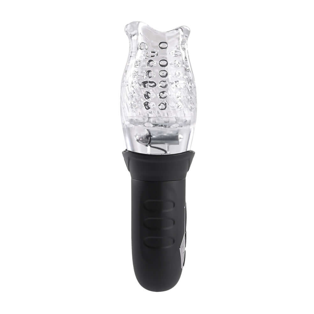 Cyclone Rotating Stroker - Clear/black with powerful vibrations and realistic mouth-shaped entry for enhanced pleasure.