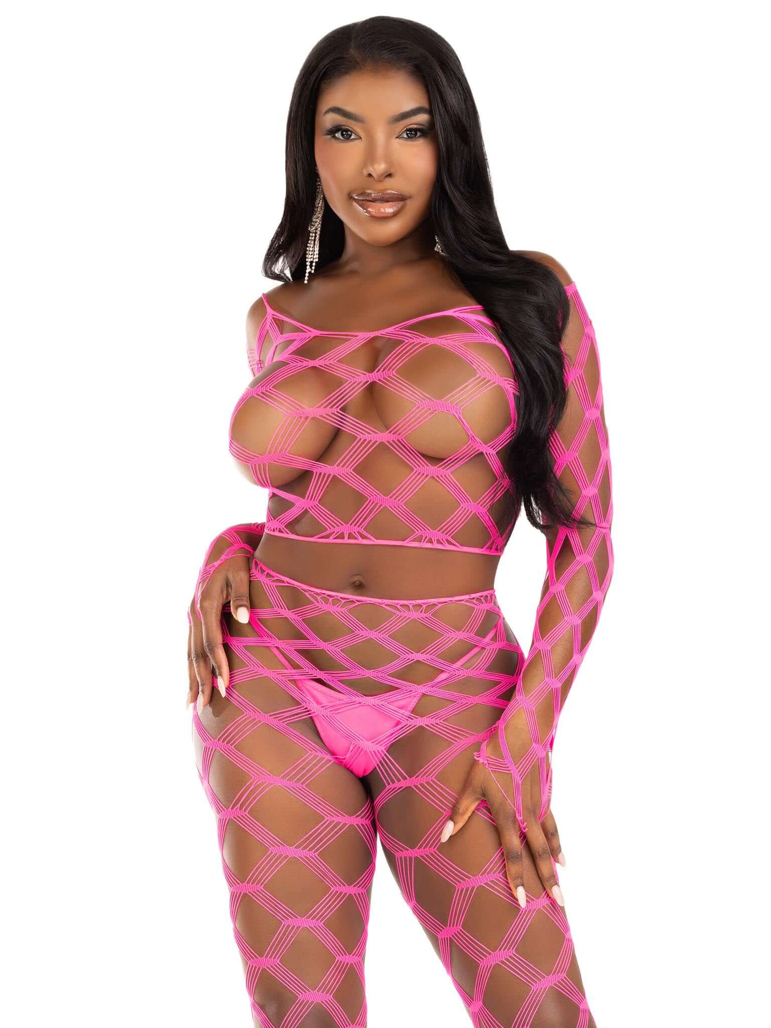 2 Pc Net Crop Top and Footless Tights - One Size - Neon Pink-2