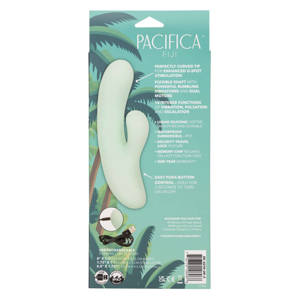 Packaging of Pacifica Fiji green dual stimulator with curved design for G-spot stimulation and powerful vibrations.