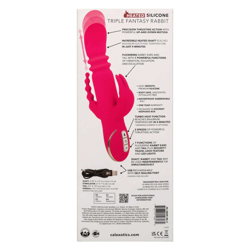 Jack Rabbit Signature Heated Silicone Triple Fantasy Rabbit in pink packaging with product features and specifications.