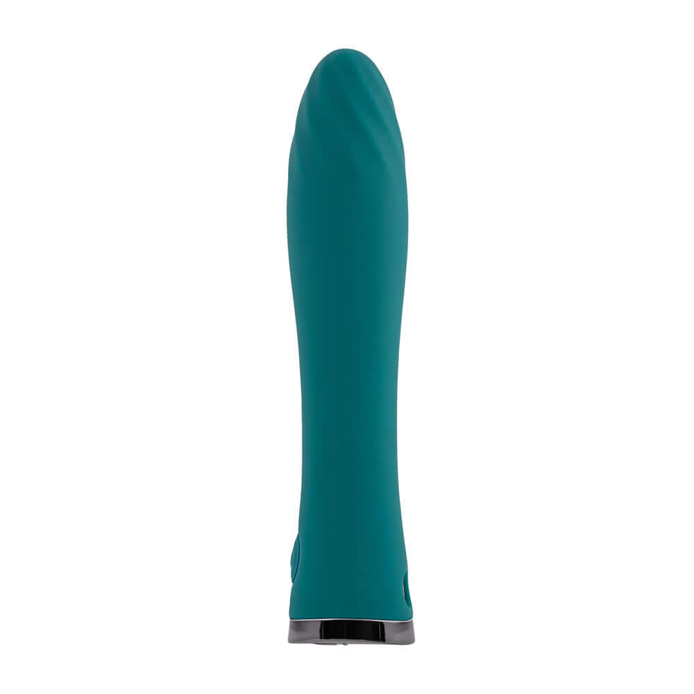 Teal Ultra Wave mini vibrator with textured shaft and black chrome-finished base, 5" tall and 5 patterns for enhanced pleasure.