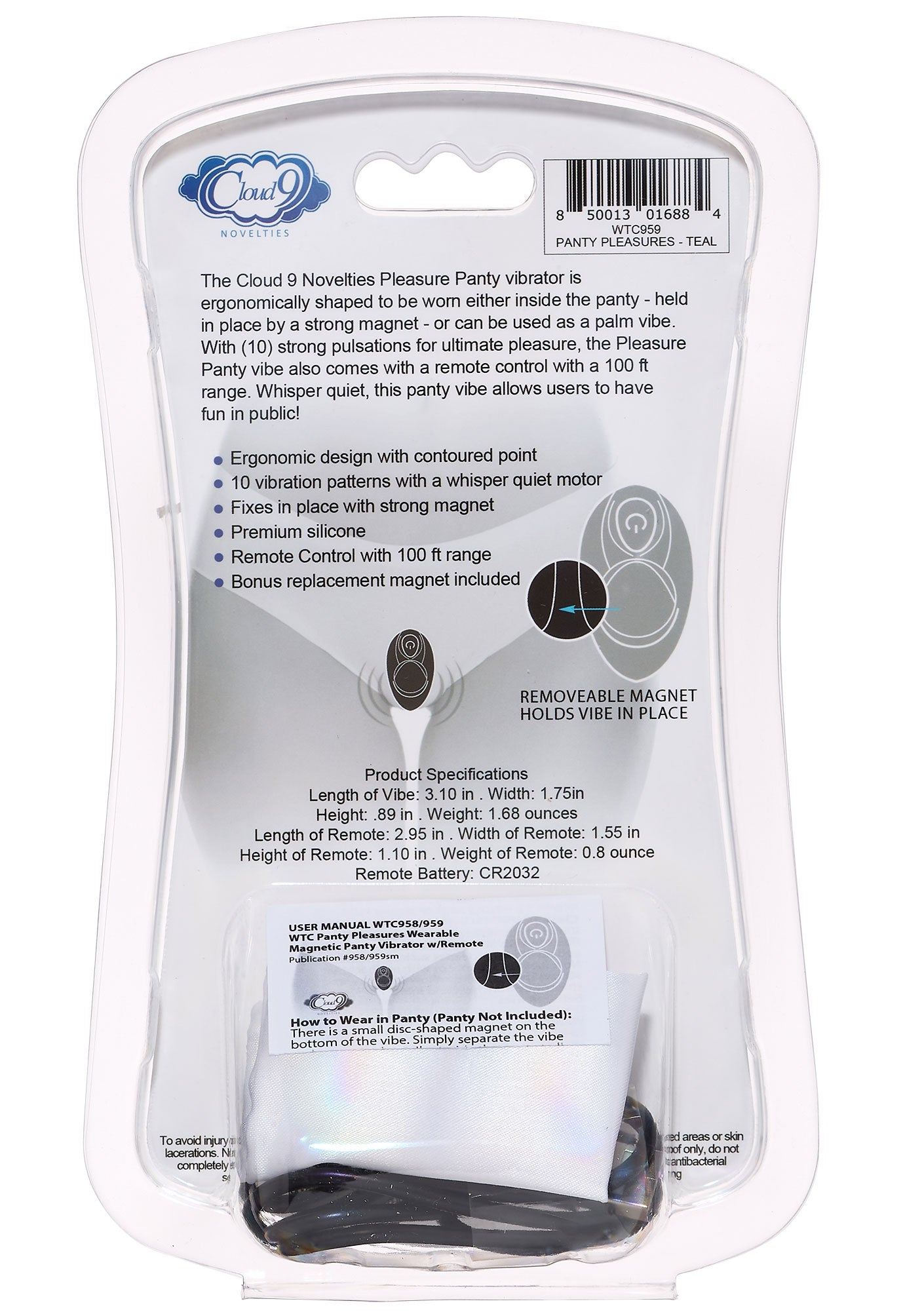 Cloud 9 Novelties Pleasure Panty Vibrator Teal - Remote Control, 10 Vibrating Patterns, Ergonomic Design