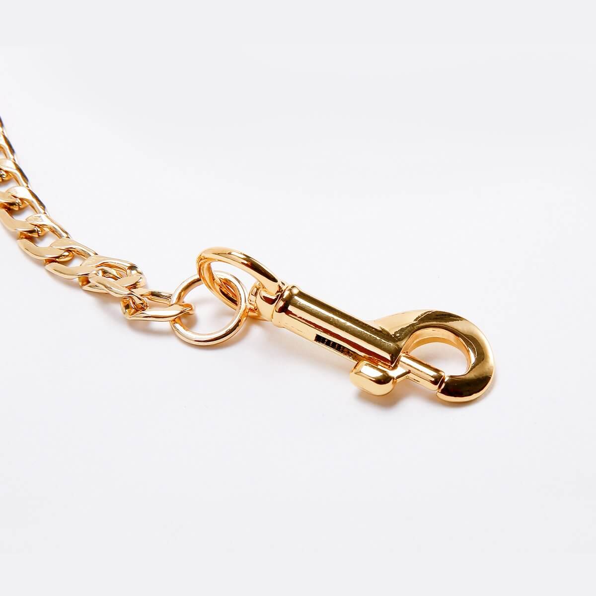 Close-up of luxury chain leash hook made from zinc alloy with a golden finish, featuring a secure clasp for reliability.