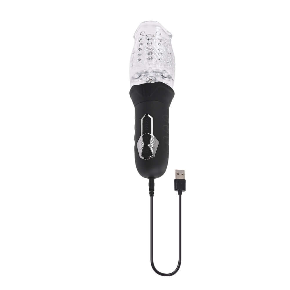 Cyclone Rotating Stroker in clear and black with USB cable for customizable pleasure and realistic mouth-shaped entry.