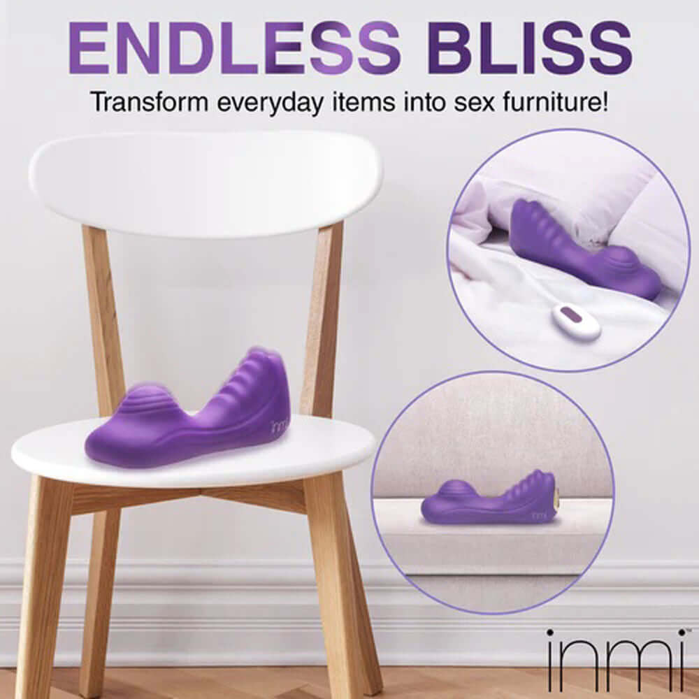 Vibrating Silicone Grinder on chair and bed with remote control for hands-free pleasure in purple, inmi brand.