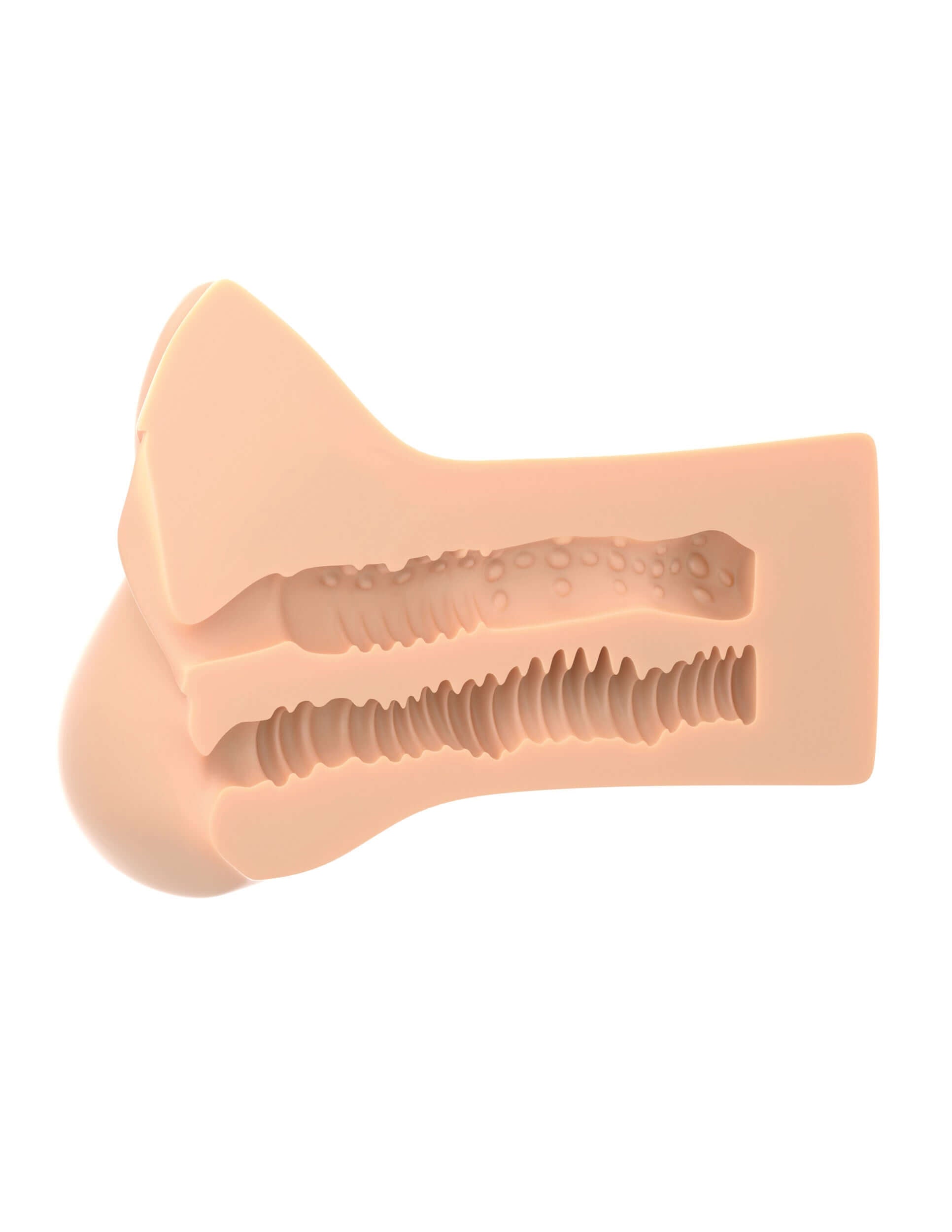 Pick Your Pleasure XL Stroker cross-section shows detailed interior tunnel with pleasure nubs and texture, offering two penetration holes